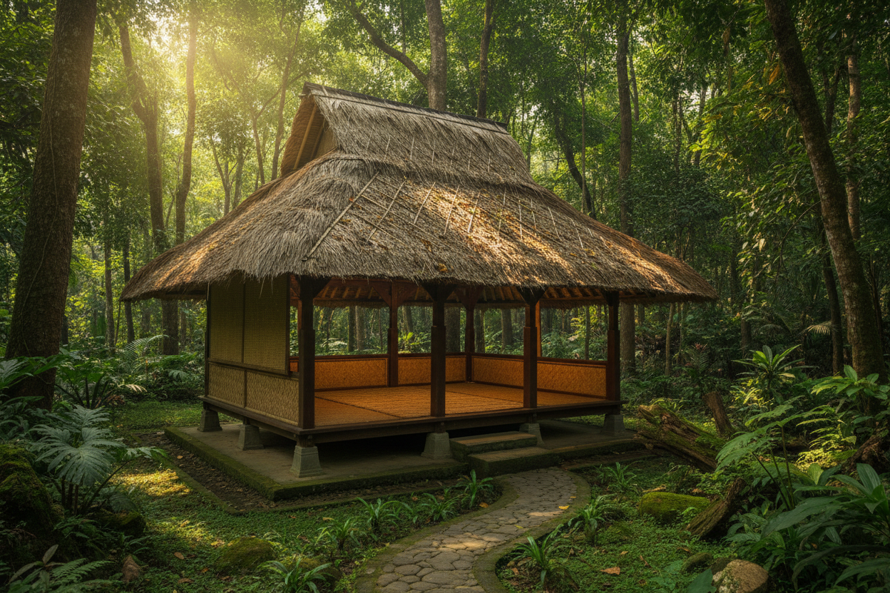 Paillote balinaise dans un parc de 7000m2 à Sallebœuf, disponible pour des soins nature et la location de stages bien-être.